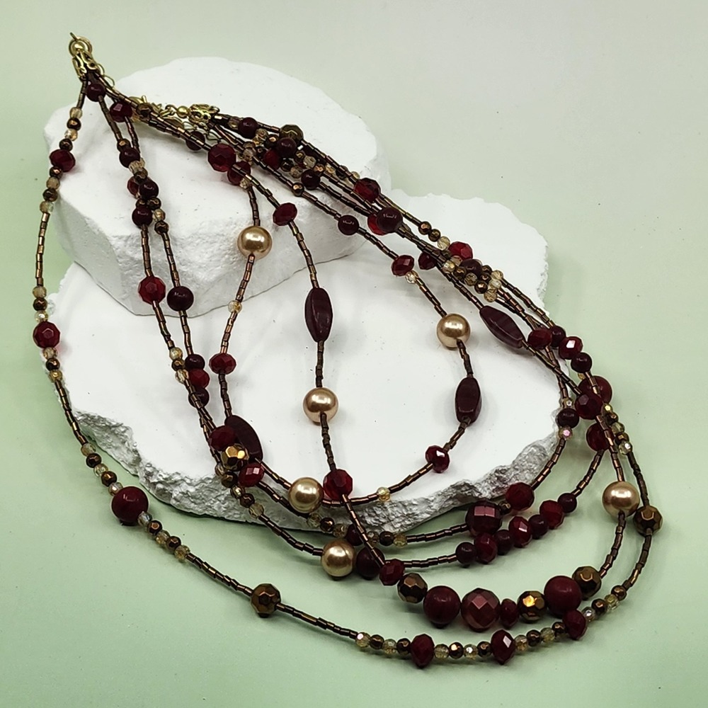 Lia Sophia Burgundy Bronze Tone Multi Strand Bead Faux Pearl Statement Necklace